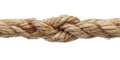 A close-up, isolated view of a thick, coarse, brown, braided rope with a knot