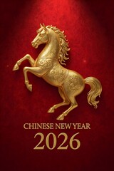 Chinese New Year 2026 – Golden Horse Zodiac Symbol on Red Background. 