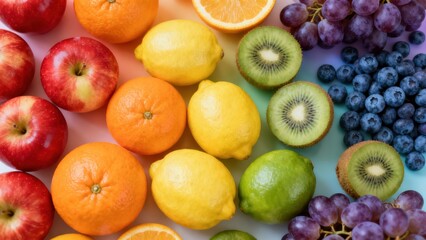 Vibrant overhead composition featuring red apples, oranges, yellow lemons, green kiwis, purple grapes, and blueberries.