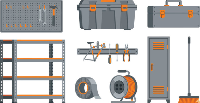 Garage utility room storage elements flat vector pack with pegboard four-tier shelving storage trunk tool box bicycle rack magnetic strip utility tape cord reel metal locker and shop broom
