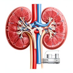 Anatomical illustration of the kidneys, with blood vessels and a medical device