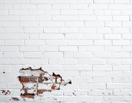 Damaged White Brick Wall with Exposed Red Bricks and Textures