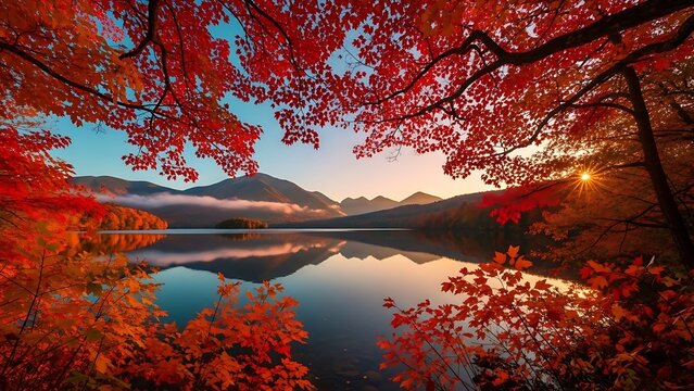 Serene autumn lake scene with vibrant red foliage and mountainous backdrop at dusk - Powered by Adobe