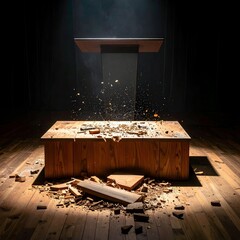 A wooden table explodes on stage as a top portion floats