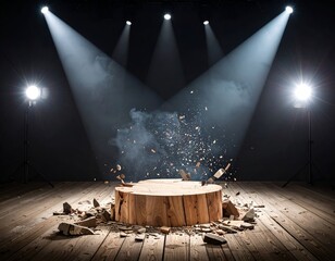 A spotlighted wood stump explodes in a dark room