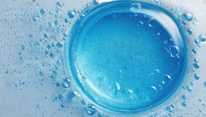 Close-up of a circular drain with blue liquid and overflowing foam