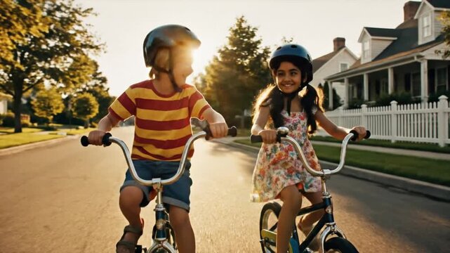 Happy Siblings Riding Bicycles Together on a Sunny Suburban Street