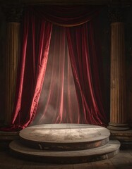 A spotlight shines on a stage draped with crimson velvet curtains