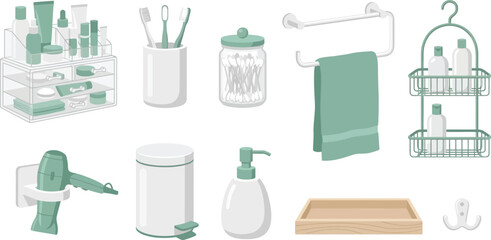 Modern bathroom vanity beauty organization icons flat vector pack with acrylic makeup organizer toothbrush holder glass jar towel rail shower caddy hairdryer holder waste bin soap dispenser wooden 