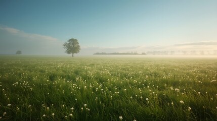 Fototapeta premium Serene landscape with tree and flowers in misty field at sunrise viewpoint