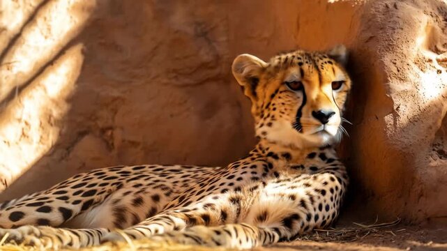 Resting cheetah in sunlight close up view of feline wildlife animal