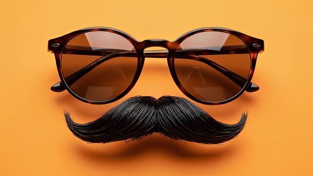 Funny disguise with mustache and sunglasses on orange background.