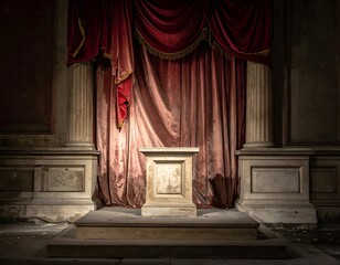 Stone podium with velvet curtain backdrop and classical columns