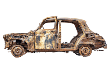 Charred and rusted skeletal remains of a vintage automobile stripped bare