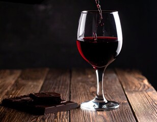 Pouring red liquid into a glass with dark chocolate on a wood surface