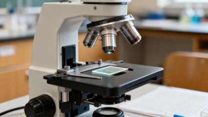 Compound light microscope focused on a sample slide placed on the mechanical stage in a blurred science laboratory environment.