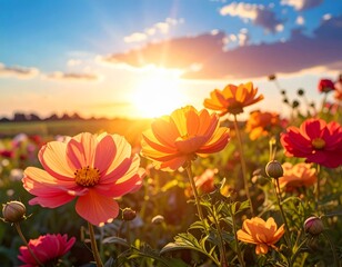 Obraz premium Vibrant Flowers in Bloom at Sunset with Colorful Sky