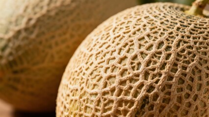 Detailed view of the rough, reticulated rind texture on fresh ripe Cantaloupe melons under bright lighting.