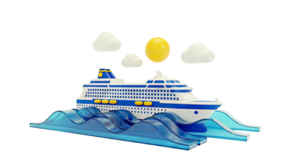 3D Render of a Cruise Ship Sailing on Blue Waves Under Clouds and Sun