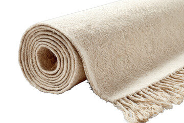 Rolled neutral-toned woven textile with fringed edge, soft texture