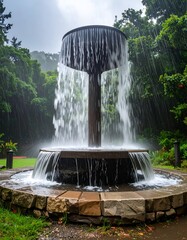 Outdoor water feature with cascading flow, surrounded by lush greenery