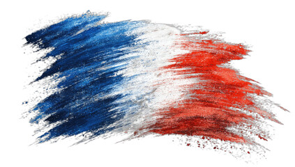 Brushstrokes of blue, white, and red create a dynamic, abstract flag