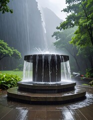 A stone fountain in a lush garden, water cascading in the rain