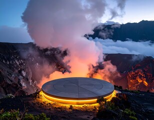 Illuminated platform at volcanic crater with dramatic steam and fiery glow