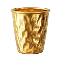 A highly reflective, hammered golden metal cup with a textured surface