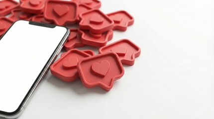 Smartphone with blank screen surrounded by a pile of red social media like icons on a white background, symbolizing digital engagement and online popularity.