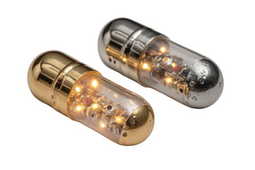 Two small, illuminated capsule-shaped electronic components on black background