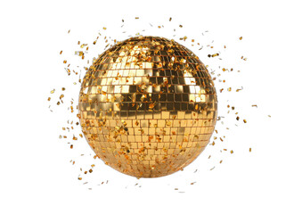 A golden disco ball shimmers with scattered confetti against a black background