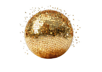 Golden sphere covered in reflective squares, emitting sparkly particles against black