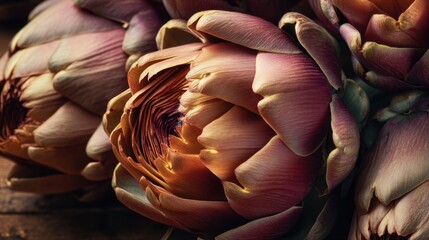 Close up of three purple flowers, with one of them being a purple artichoke. The flowers are arranged in a way that highlights their beauty and the intricate details of their petals
