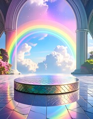 Circular stage beneath a rainbow, framed by arches and columns