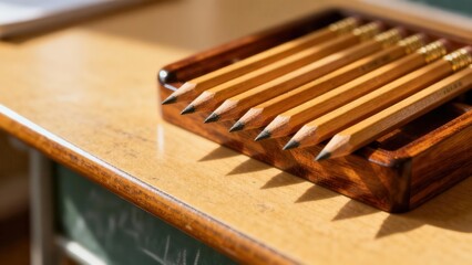 Row of six natural wood graphite pencils sharpened with dark lead resting inside a stained wooden tray on a school desk.