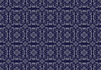 The exquisite seamless pattern is distinguished by silver embellishments on a dark blue background.