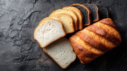 Loaf of bread with a few slices missing sits on a counter. The bread is a mix of white and brown, with some slices missing. Concept of abundance and variety