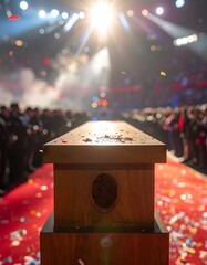 Wooden podium spotlighted in a crowd-filled arena. Confetti rains down
