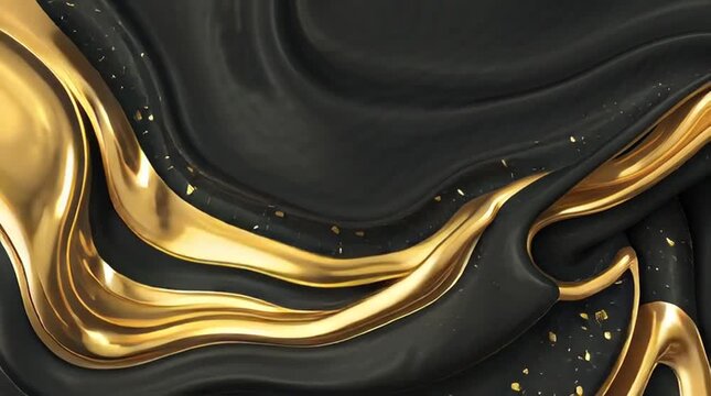 Abstract gold and black swirling pattern with shiny metallic waves and specks on a dark background.