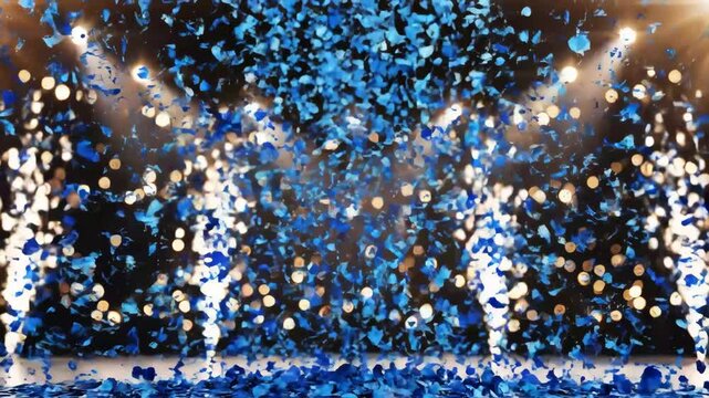 Bright Blue Confetti Rains Down On Stage With Spotlights And Bokeh Effects In Celebration Of A Grand Event