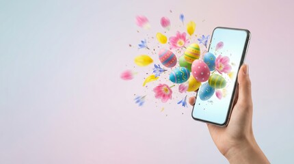 Festive easter celebration with colorful eggs and flowers on smartphone display. Horizontal banner. Copy space. Free space for text. Happy Easter