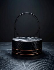 Elegant cylindrical stand, copper accent, and dark ring backdrop
