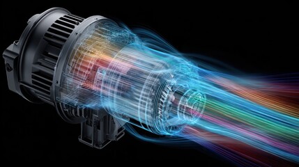 Futuristic Engine Design with Colorful Energy Flow and 3D Visual Effects