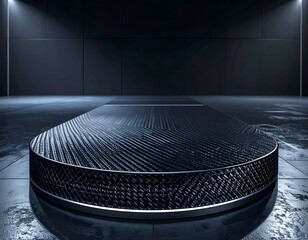 A sleek, futuristic platform with a textured surface, stage-lit in a dark room