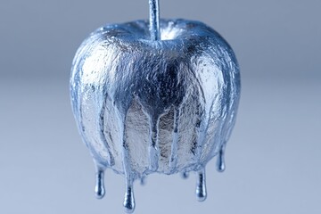 Silver Apple: A close-up view presents an apple, adorned with a silver metallic coating, as the liquid metal drips, creating a dynamic visual narrative