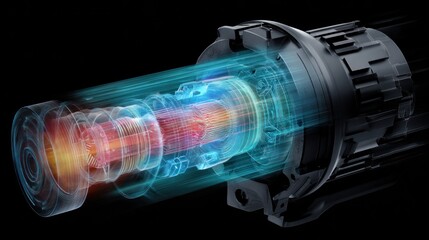 High-Tech Illustration of a Transparent Electric Motor with Dynamic Energy Flow in Vivid Colors