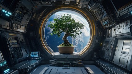 Spacecraft interior with bonsai and Earth view