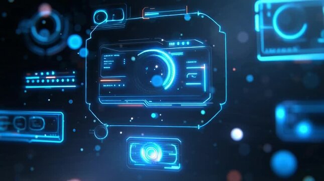 Close-up of various futuristic blue interface elements on a dark background with neon lights and bokeh effects.