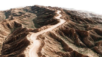 A winding dirt road ascends a rugged, arid mountain landscape